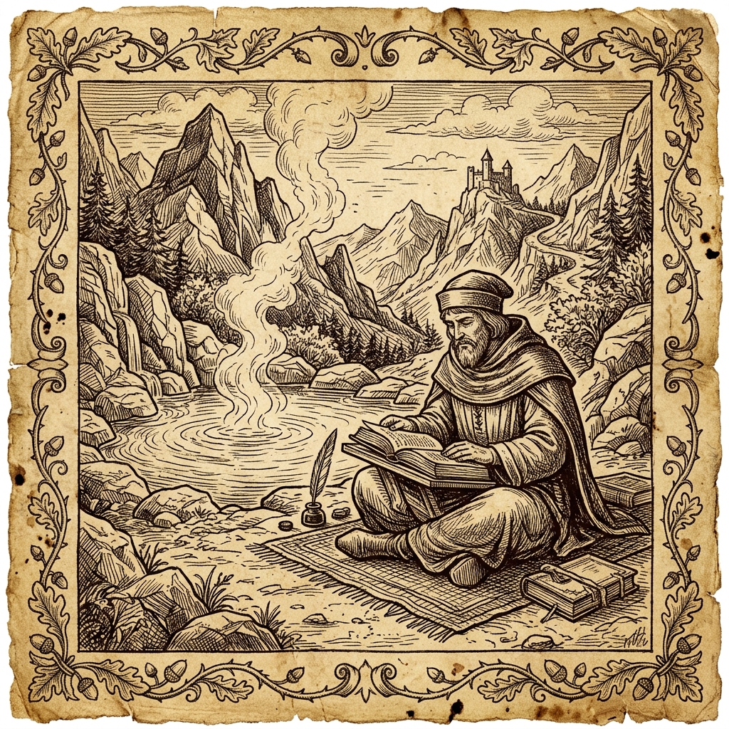 東方の湯治場にて記録を執る著者